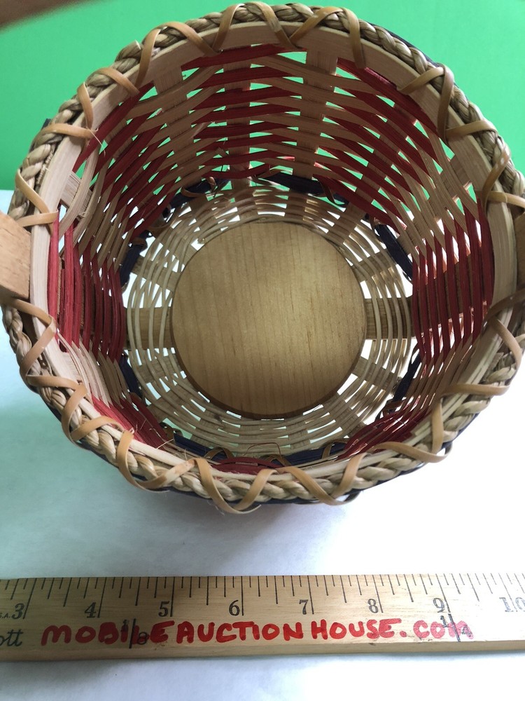 Set 3 Round Handled Woven Baskets Wood Nesting Large Medium Small Signed 2001