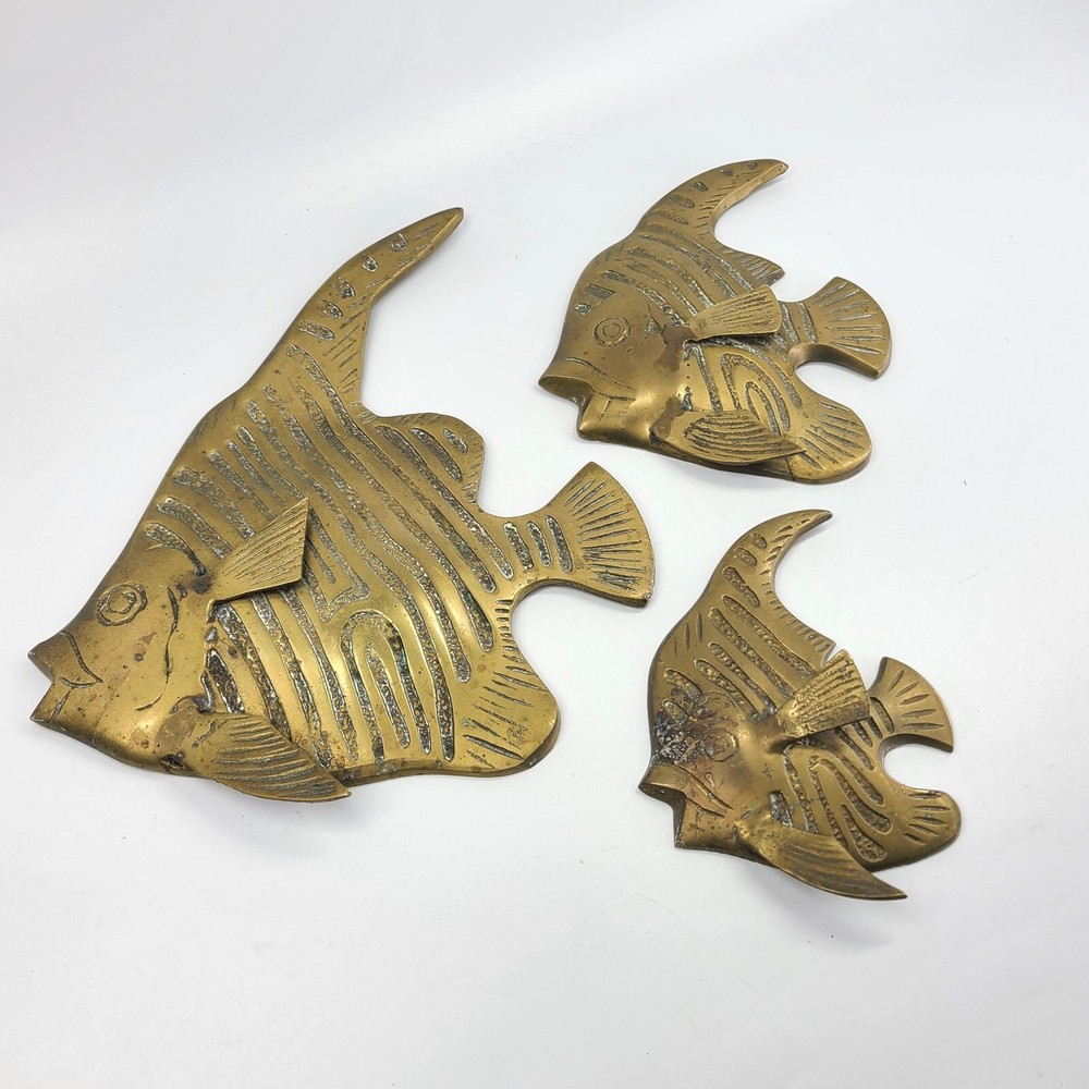 Mid-Century Solid Brass Angelfish Wall Plaque Decor Set