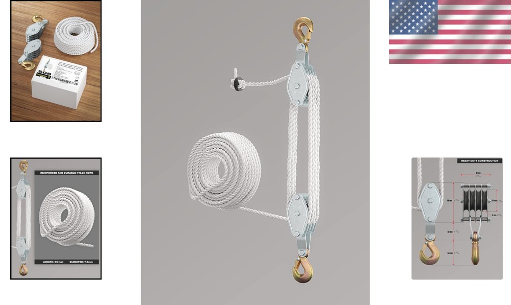 Versatile 4000LB Capacity Pulley System - 65ft Rope for Garage, Workshop & More