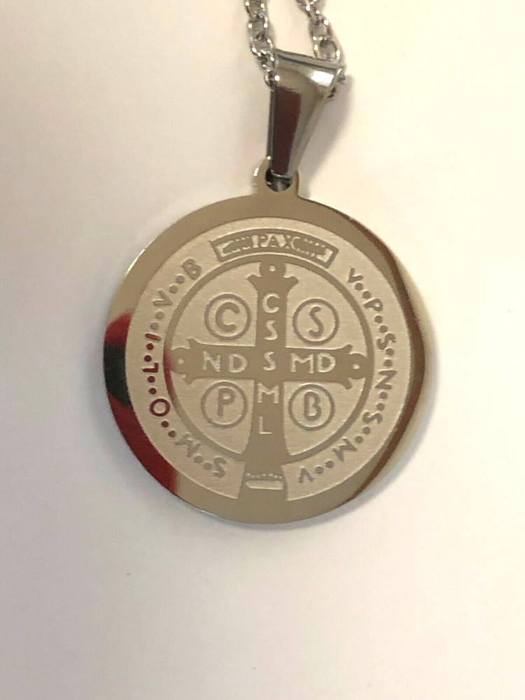 Saint Benedict Laser Engraved Image Silver Pendant, New