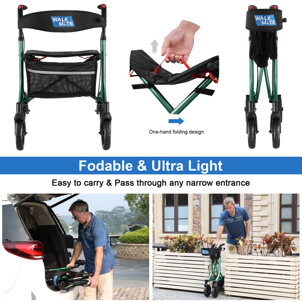 8 inch Wheel Rollator Rolling Walker with Seat for Senior Lightweight Foldable