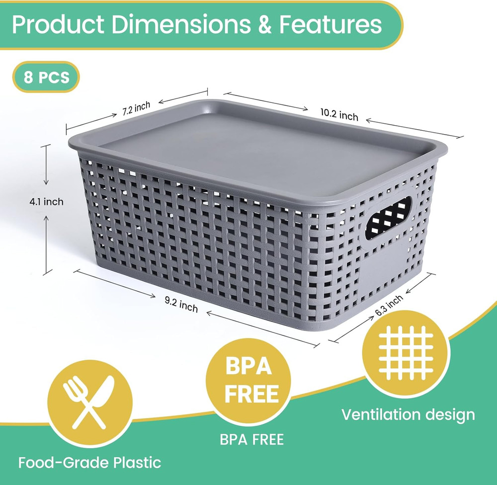 Plastic Storage Baskets with Lid-Plastic Storage Containers Stackable Storage Bi