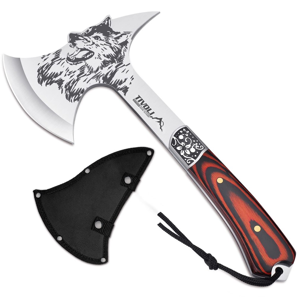 TIVOLI 13" Camping Axe, Wolf  Patterned Survival Hatchet with Nylon Sheath, H...