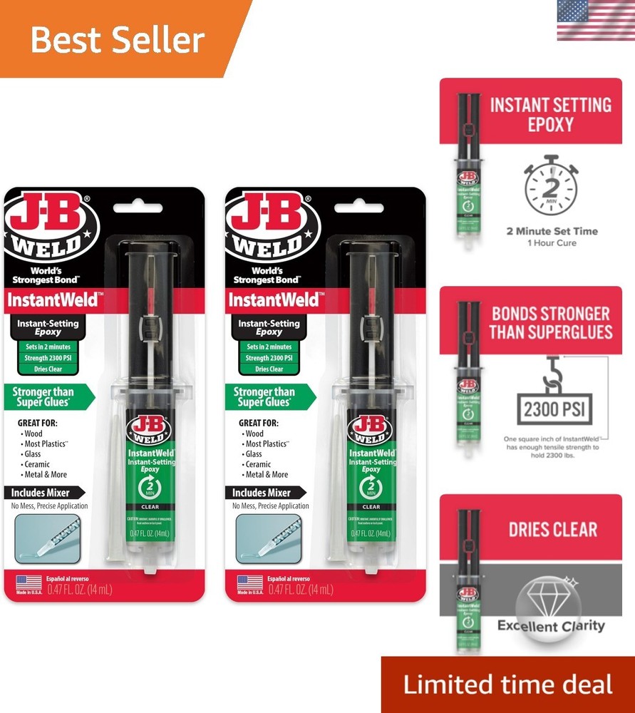 InstantWeld 2 Pack - Clear, 2 Minute Set Epoxy Adhesive, Static Mixer No Mess...