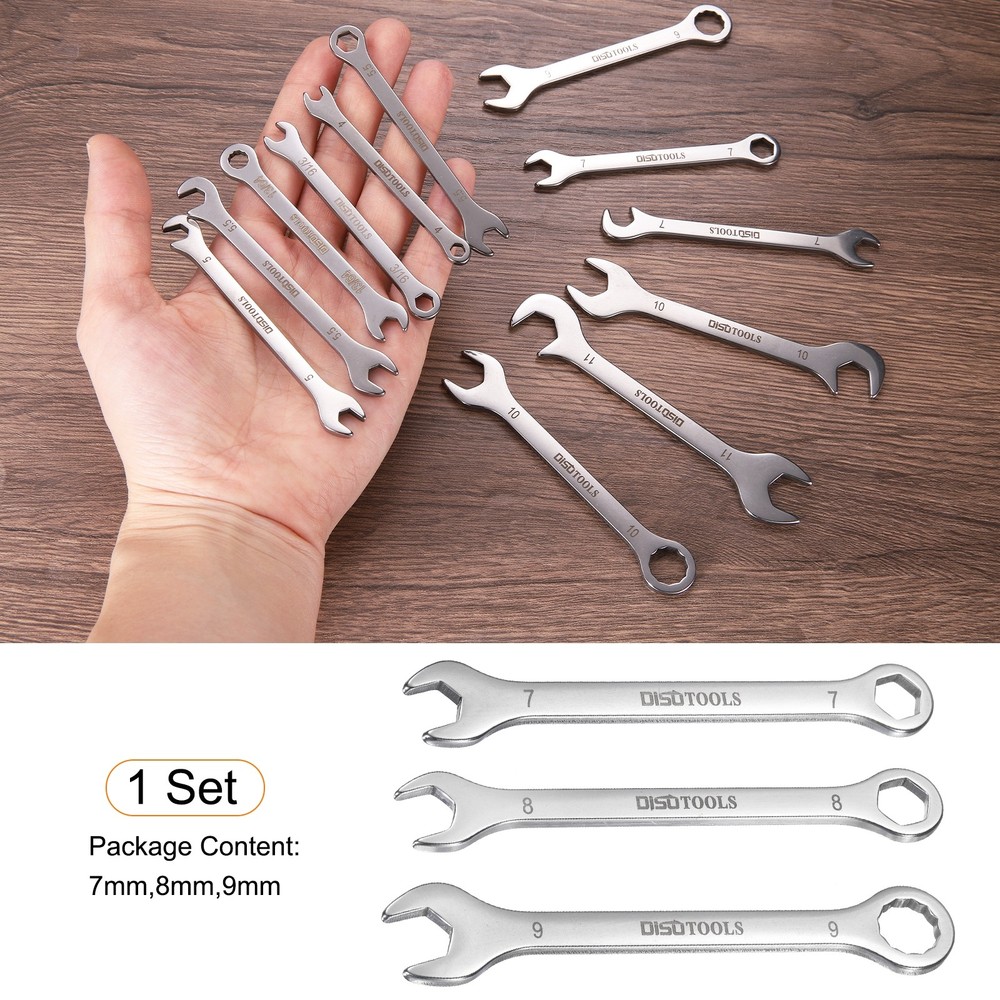 Thin Combination Wrench Set 7/8/9mm with 6-Point Ended and 15° Angled Open End
