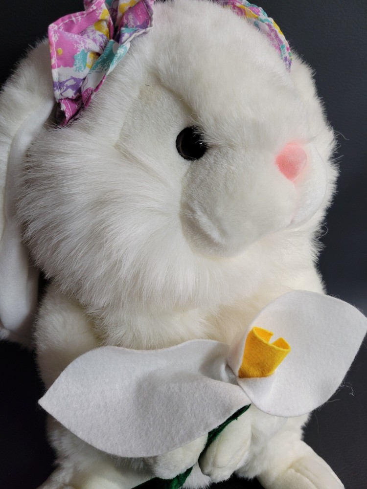 Large 18" Plush White Lop Eared Easter Bunny Rabbit Holding Spring Flower