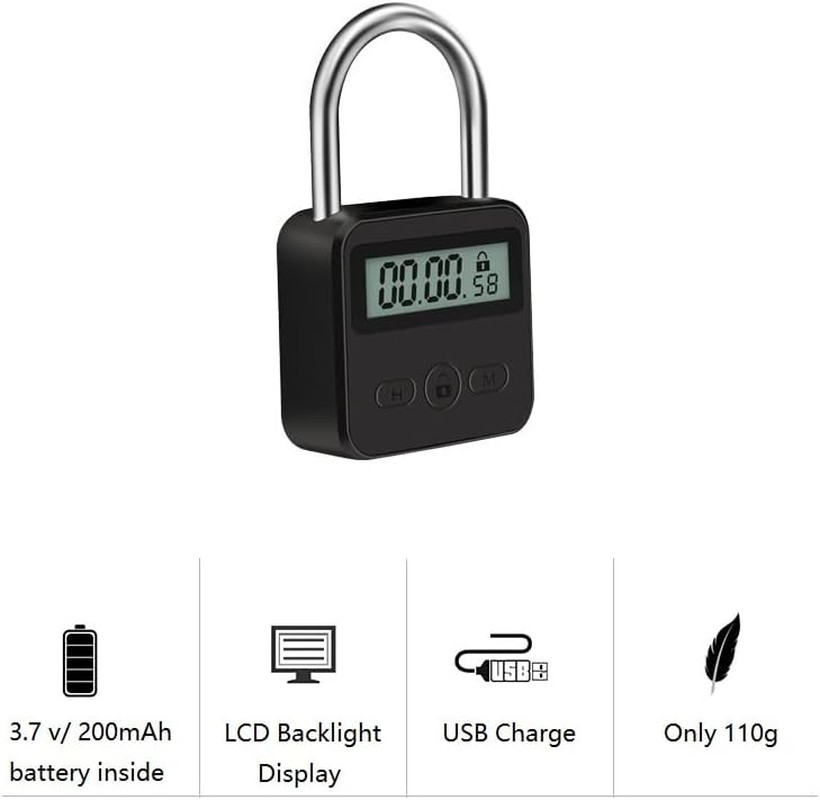 Metal Timer Lock - Electronic Time Padlock with LCD Display - USB Rechargeable (