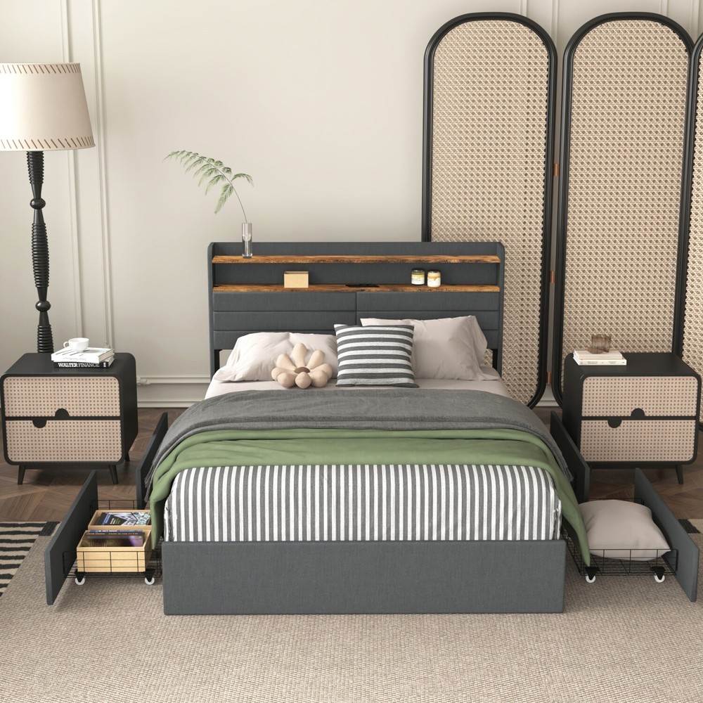 Full/Queen Size LED Bed Frame Upholstered Platform Bed w/ 4 Drawer & Headboard