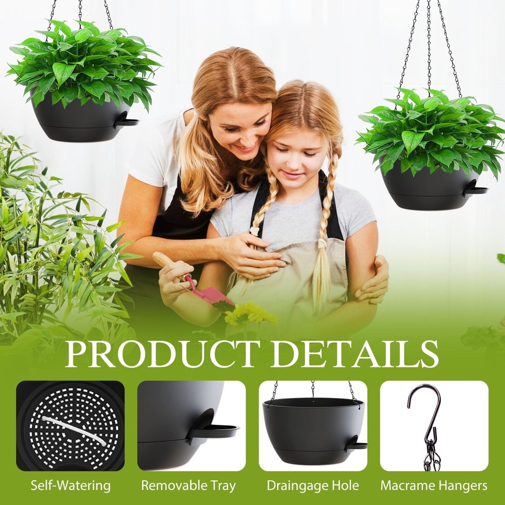 SQKH 12" Self-Watering Hanging Baskets Planters w/ Chains - 2 Pack