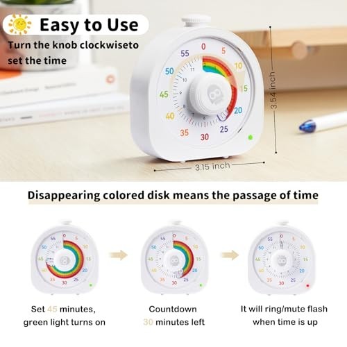 Rainbow Visual Timer for Kids - 60min/12h Magnetic Countdown Timer, Rechargeable