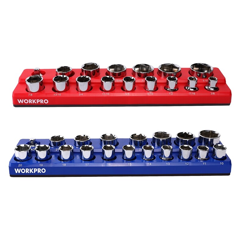 WORKPRO 2PC 1/2" Magnetic Socket Organizer Set Socket Holder Cart Set SAE Metric