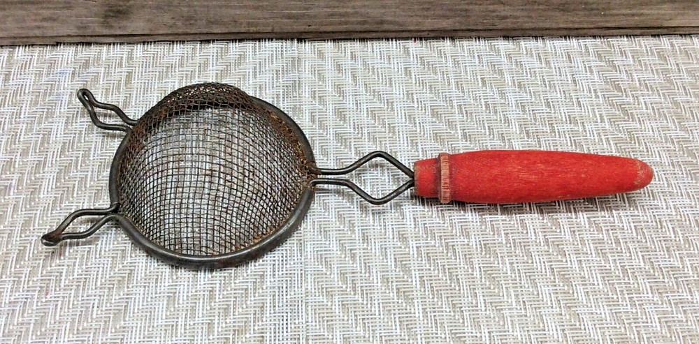 Wire Mesh Tea Strainer Red Wood Handle Kitchen Decor Tool 1960's Vintage MCM