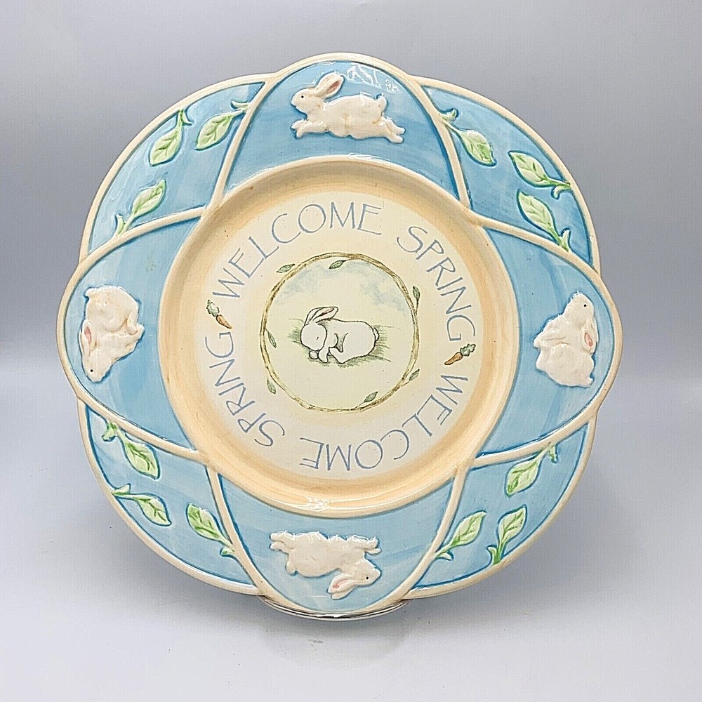 Welcome Spring Serving Plate Bunny Rabbit Blue and Green Easter Decorative Russ
