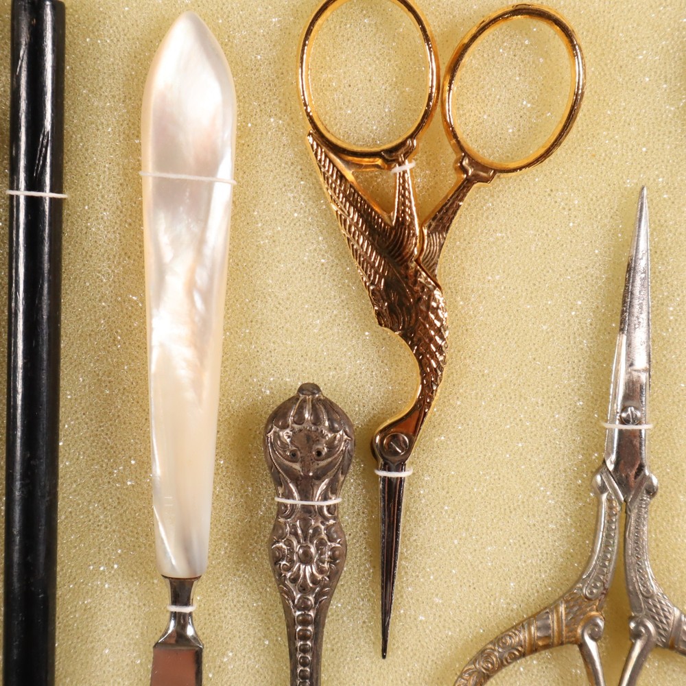Antique Sewing Tools Scissors Quill Knives Thread Snips Display See Description