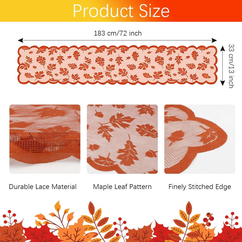 13x72 Inch Fall Table Runner Maple Leaves Lace Table Runner Fall Decoration