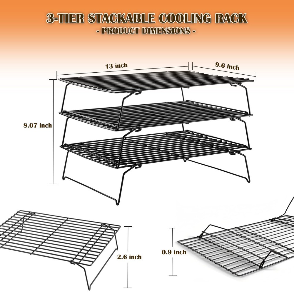 3-Tier Cooling Racks for Cooking and Baking - 13" x 9.6" Stackable Heavy Duty