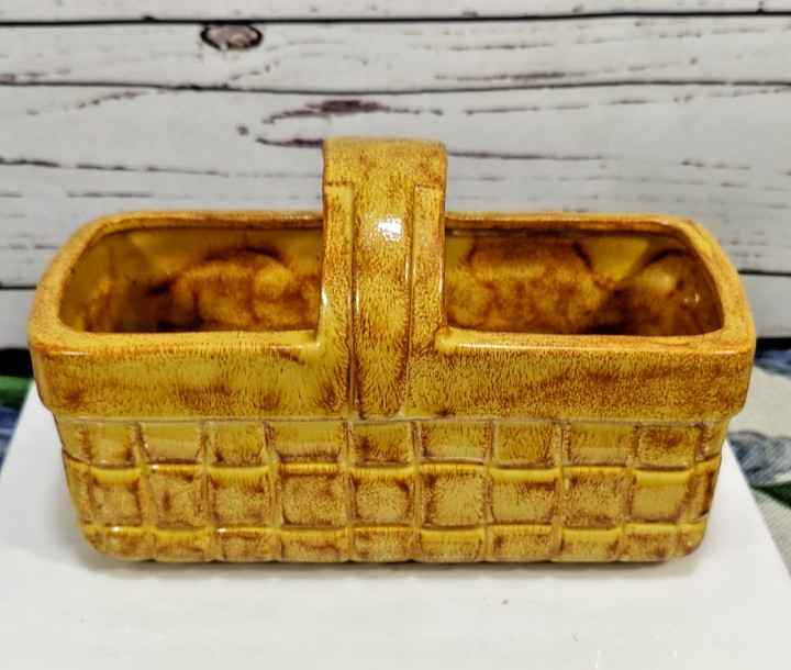 Vintage Golden Brown Painted Ceramic Rectangular Basket Shaped Planter