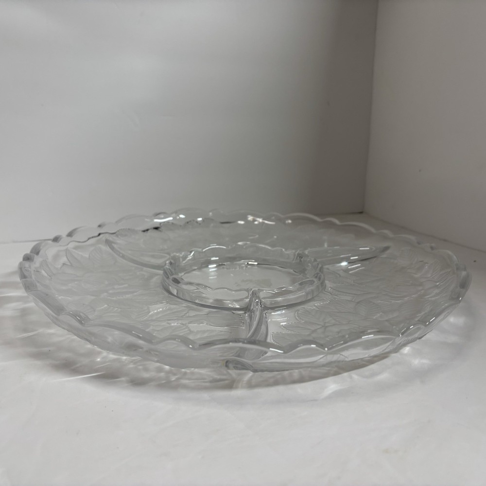 STUDIO NOVA Winter Rose Chip/Dip Server Glass Platter Heavy 14" Boxed Embossed