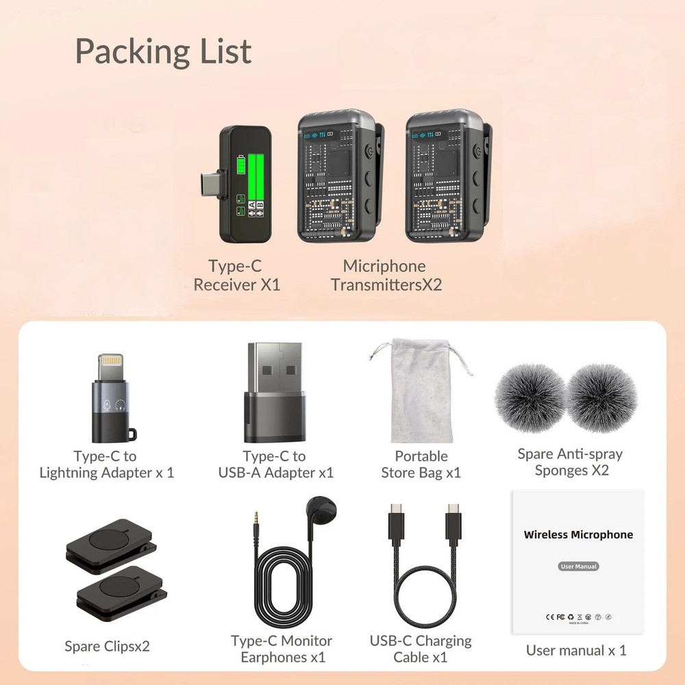 Wireless Lavalier Microphones for iPhone, iPad, Android, Camera, USB-C Microphon