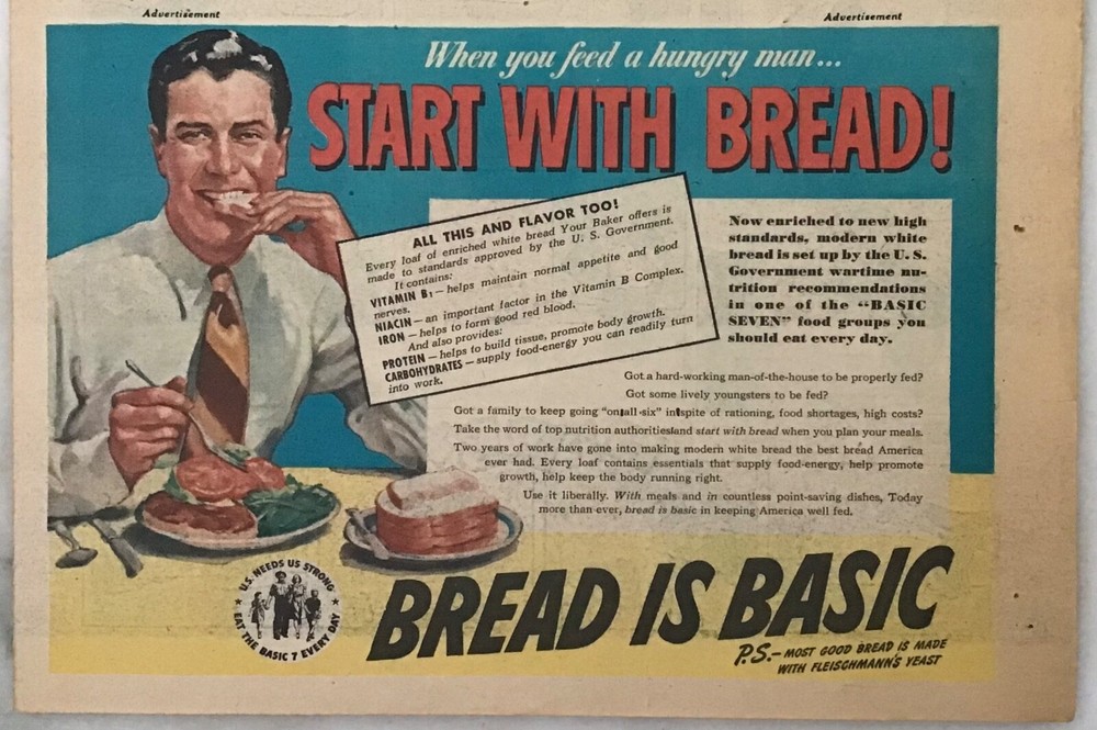 1943 Sunday newspaper comic ad -  Bread is Basic ,made with Fleischmann's, WW2