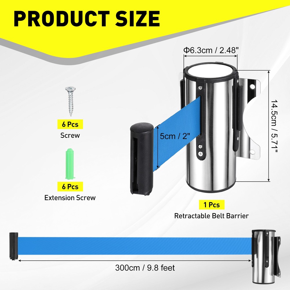 9.8 Foot Fixed Wall Mount Retractable Belt Barrier Set, Blue