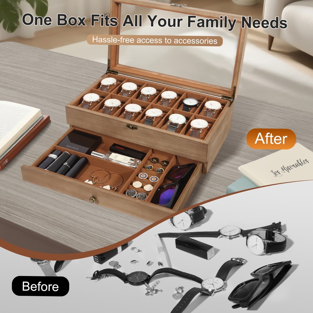 12 Slots Watch Box Solid Wood Storage Display Case Wrist Watch Case