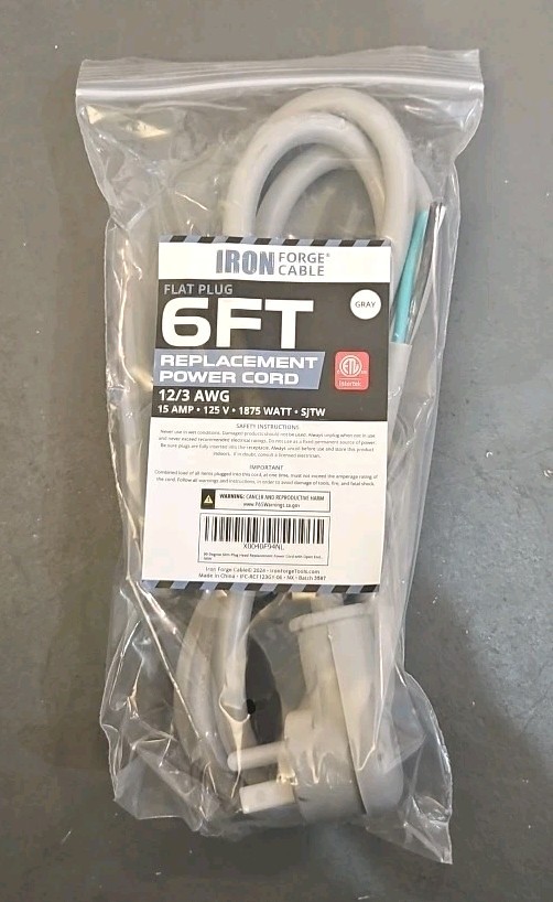 Flat Plug Replacement Power Cord with Open End - 12/3 6 Ft Gray Appliance