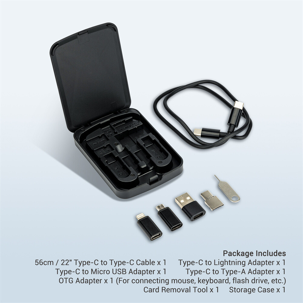 Cable Card+22" 65W USB-C Cable & USB-A/Micro-USB/Lightning/OTG Adapter Case Kit