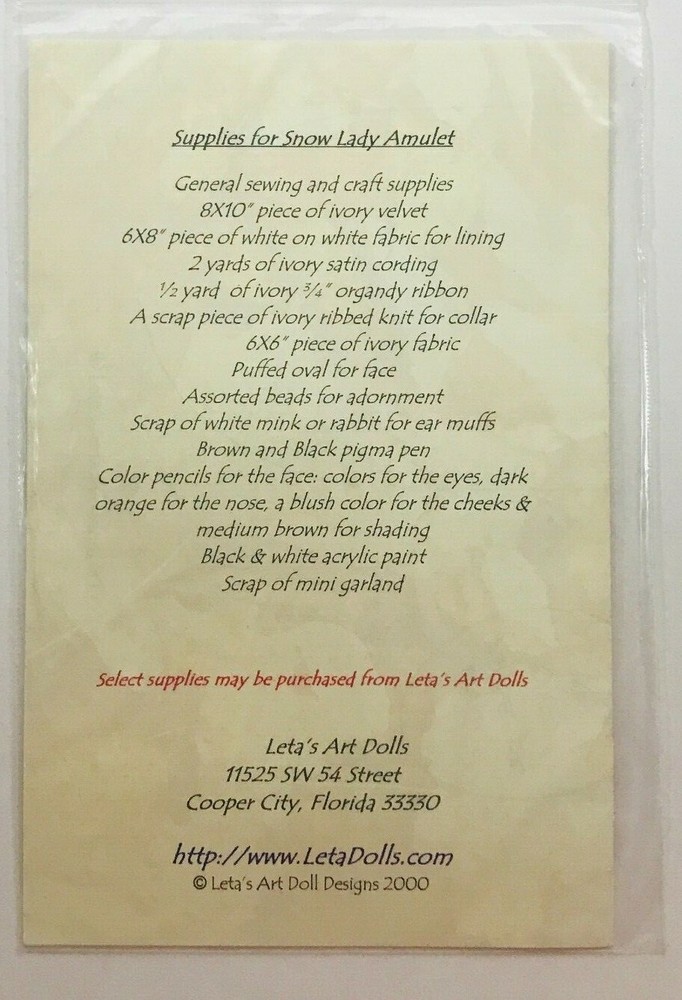 Leta Benedict SNOW LADY AMULET Sewing Instructions & Pattern