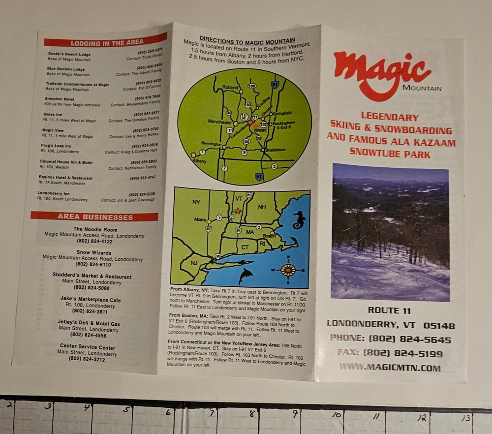 1999/00 MAGIC MT. SKI AREA BROCHURE/ TRAIL MAP W/ RATES INSERT SHEET. MINT