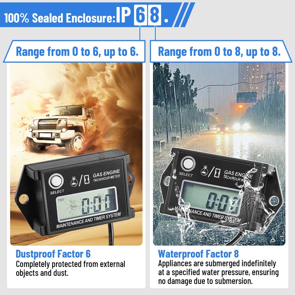 Small Engine Tachometer Hour Meter Digital Inductive Waterproof Tiny Tach Meter