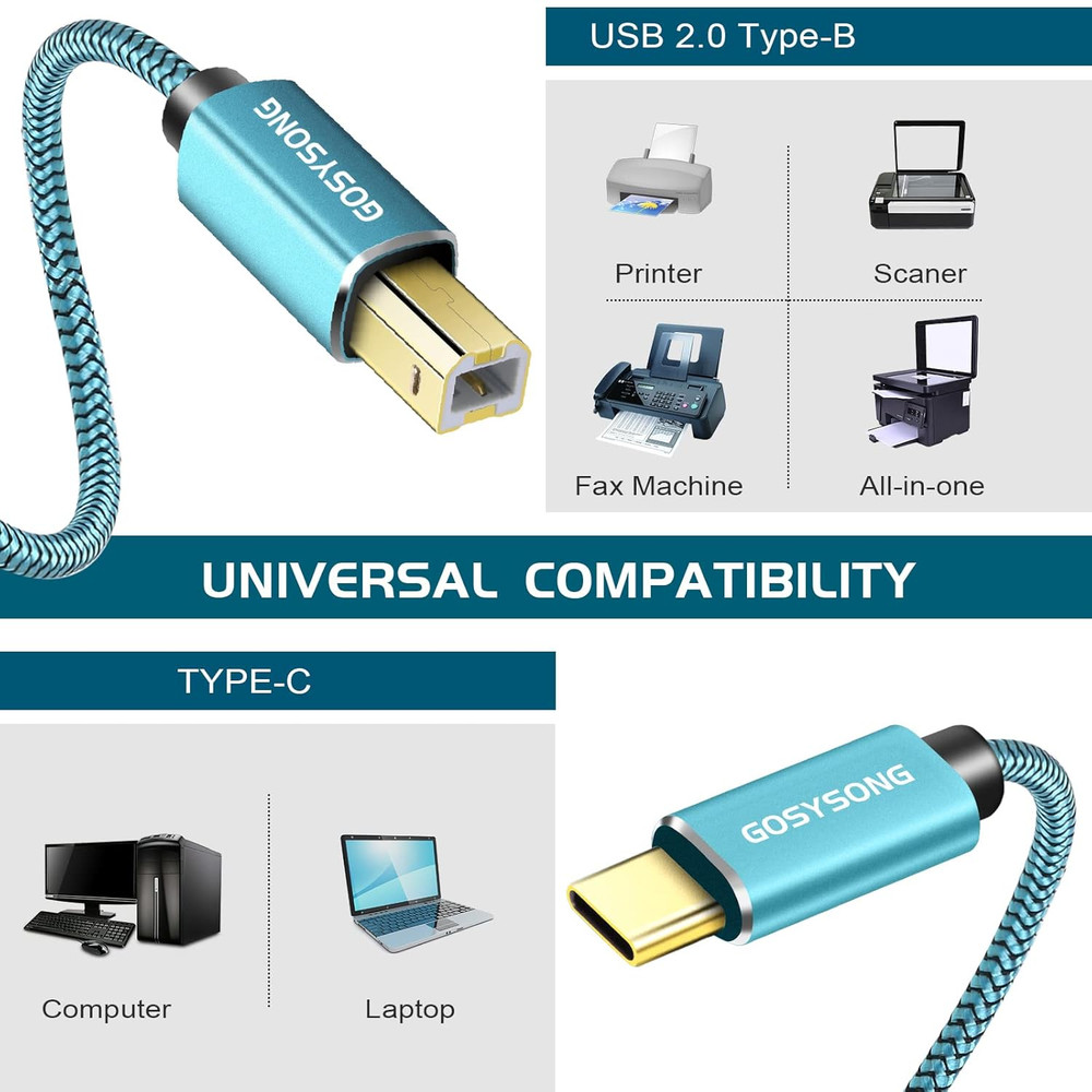 20Ft USB C to USB B Printer Cord - High Speed, Compatible with Printer, Scanner,