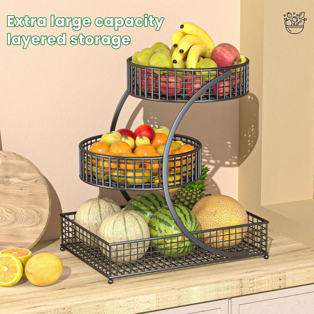 3 Tier Round Metal Storage Rack, No Assembly Required, Multi-Tier Kitchen