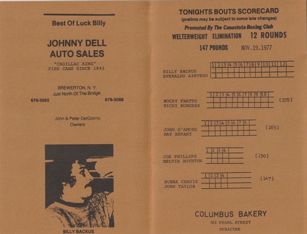 BILLY BACKUS vs. EVERALDO AZEVEDO OFFICIAL ONSITE BOXING PROGRAM 11-19-77
