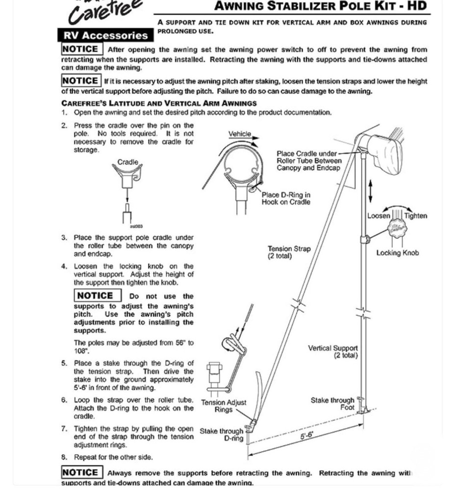 HD Awning Stabilizing Support Poles 108 for All Awning Types. Adjustable Height