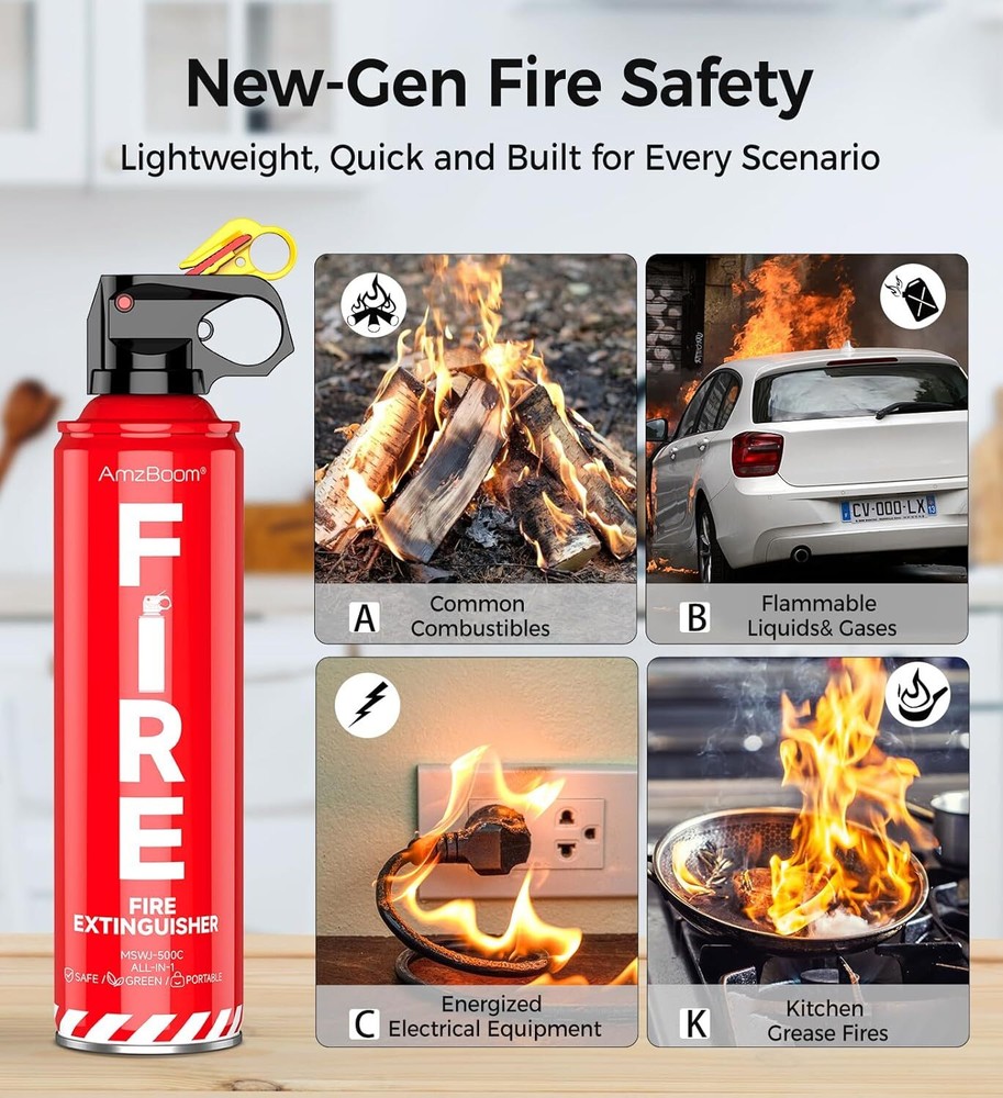 Compact Fire Extinguisher for Home Kitchen Car | ABC & K Class Spray + Mount Kit
