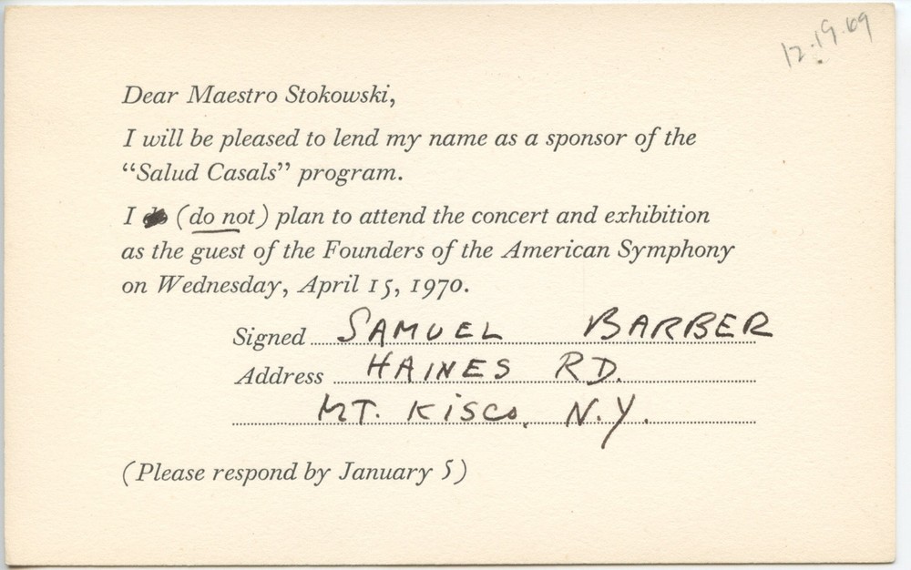 Barber, Samuel. (1910–1981)Autograph Works List