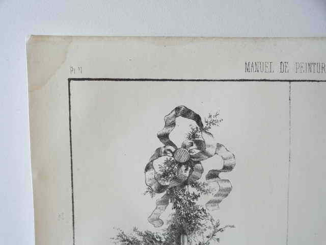 Large Lithograph 19th Flowers Tools Decoration Ornament Engraving
