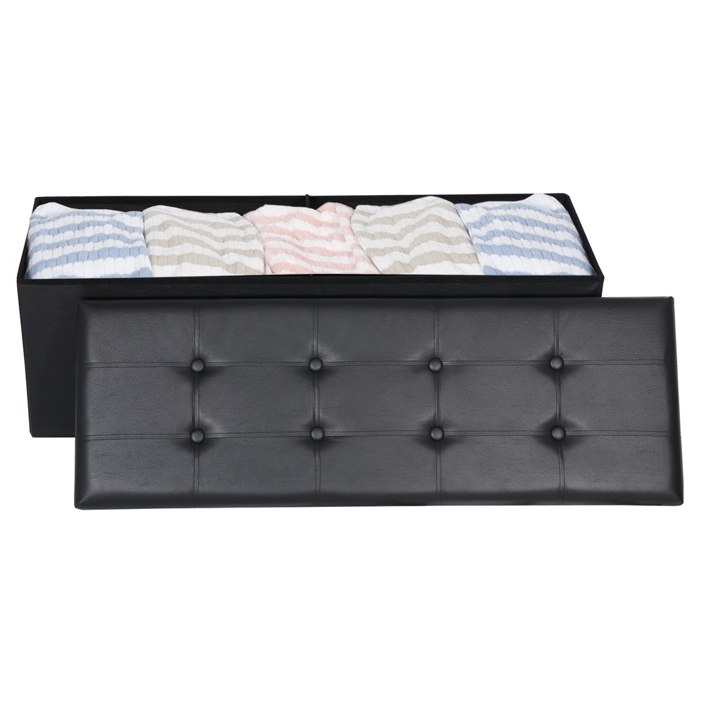 43'' Storage Ottoman Bench PVC Leather Foldable Footrest Stool w/ Divider Black