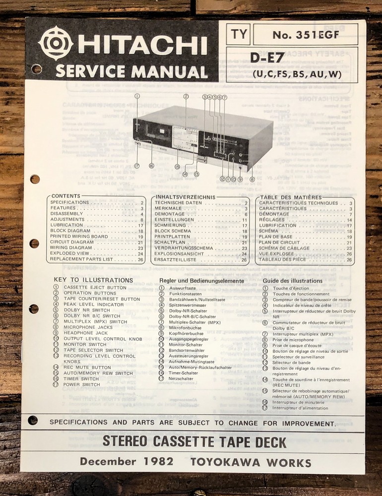 Hitachi D-E7 Cassette Service Manual *Original*