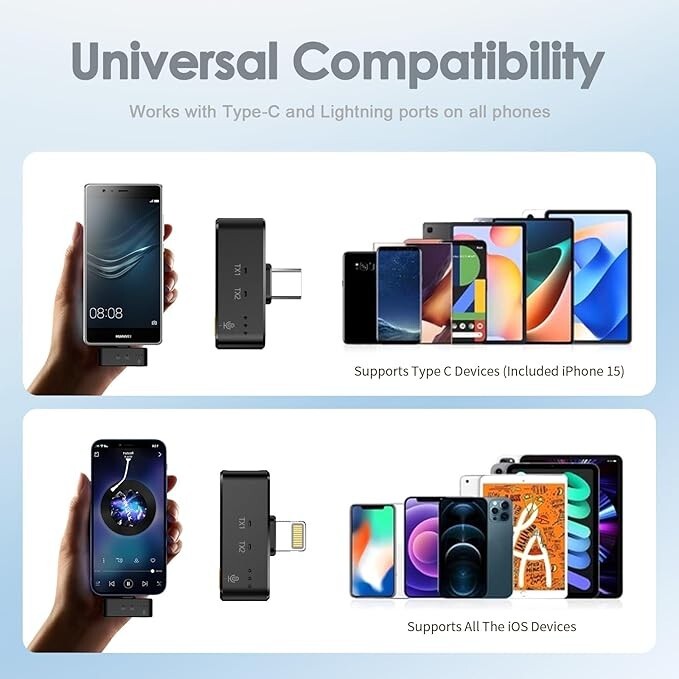 Wireless Microphone for iPhone/Android with Lightning/USB C/ Noise Cancellation