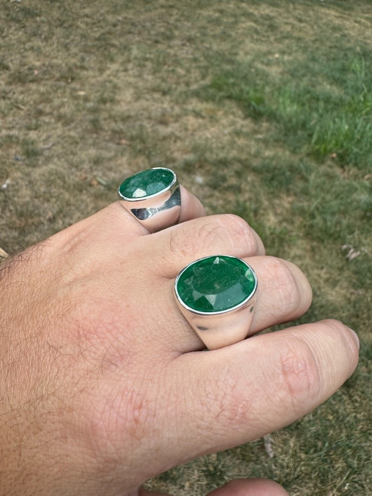 Large 18ct Genuine Emerald Gemstone Mens Real Solid 925 Silver Oval Signet Ring
