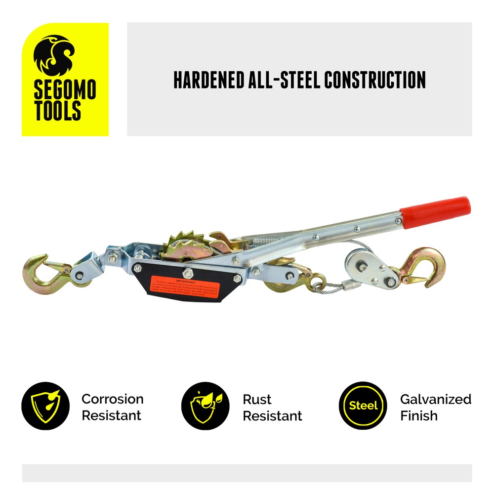 Segomo Tools 2 Ton 3 Hook Steel Cable Dual Gear Power Ratchet Puller System