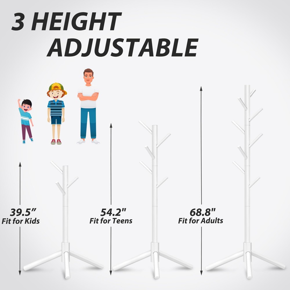 Durable Wooden Coat Rack Freestanding with Stable Triangular Base 8 Hooks &
