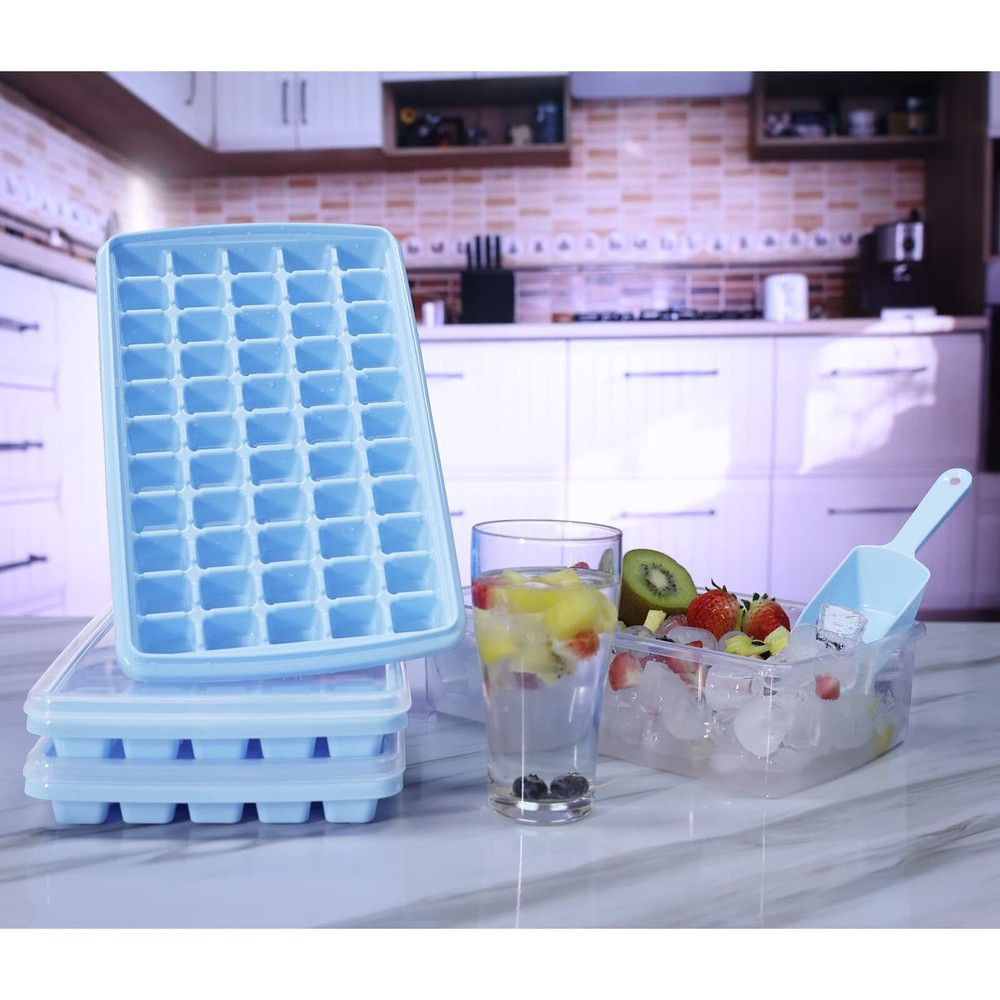 3 Pack Blue Ice Trays & Lids, 1 Ice Bin & 1 Ice Scoop, Easy Release, Save Space