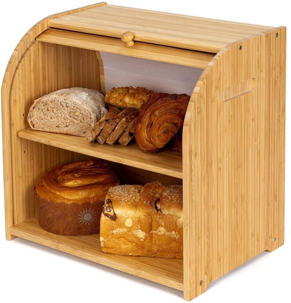 Bamboo Bread Box for Kitchen Countertop, Roll-top Breadbox Breads Storage Box...