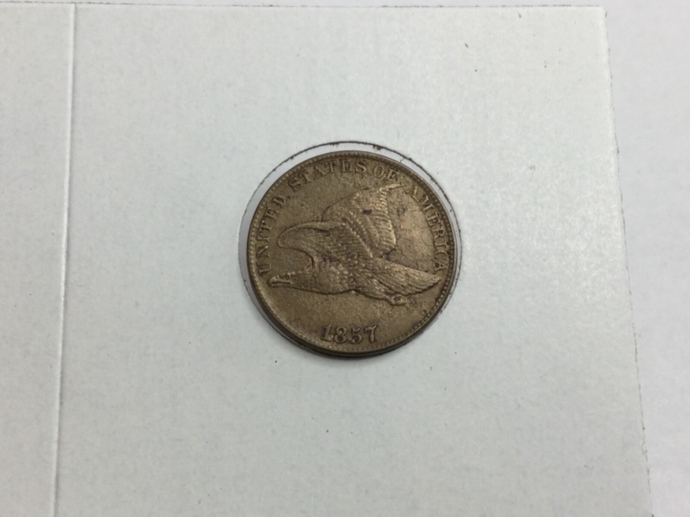 1857 Flying Eagle Cent double date shifted in almost uncirculated