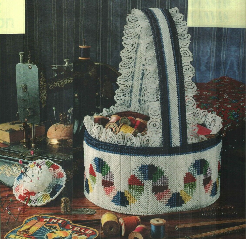 FAN BASKET & PINCUSHION DIGEST SIZE PLASTIC CANVAS PATTERN INSTRUCTIONS