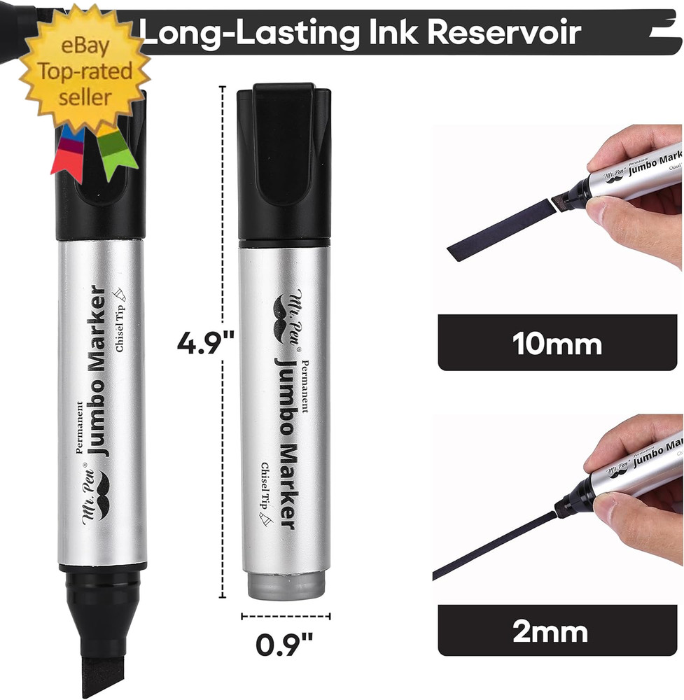 - Jumbo Permanent Markers, 4 Pack, Chisel Tip, Black, Thick, Large, Wide Tip