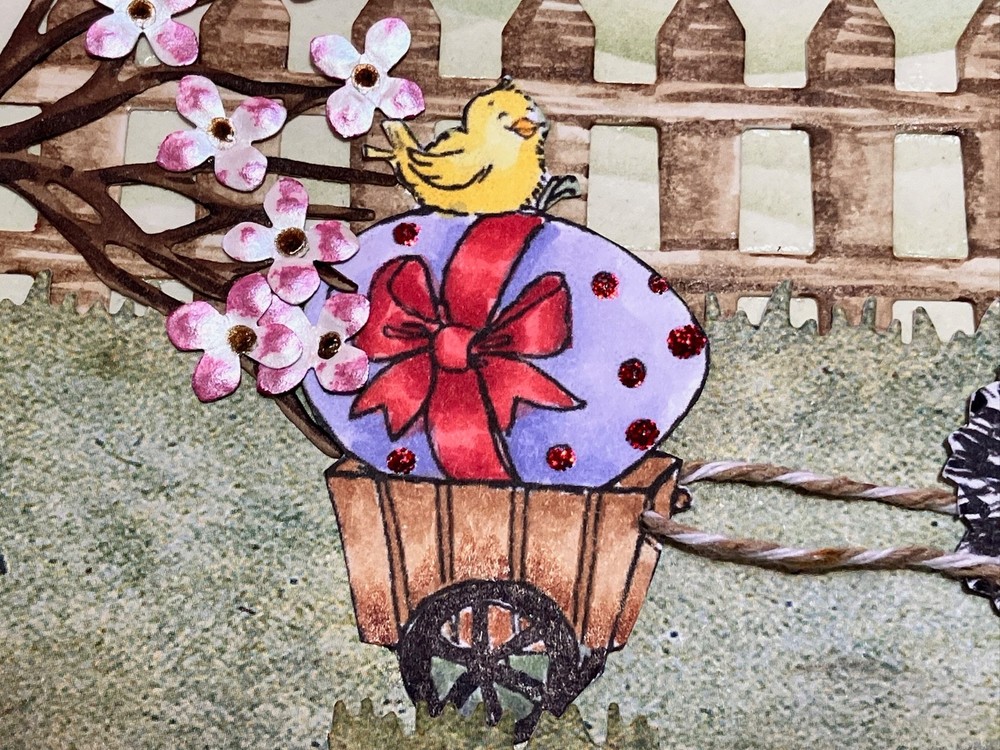 EASTER - PB Hedgehog pulling an EGG / BIRD on a cart - handmade card by DEE